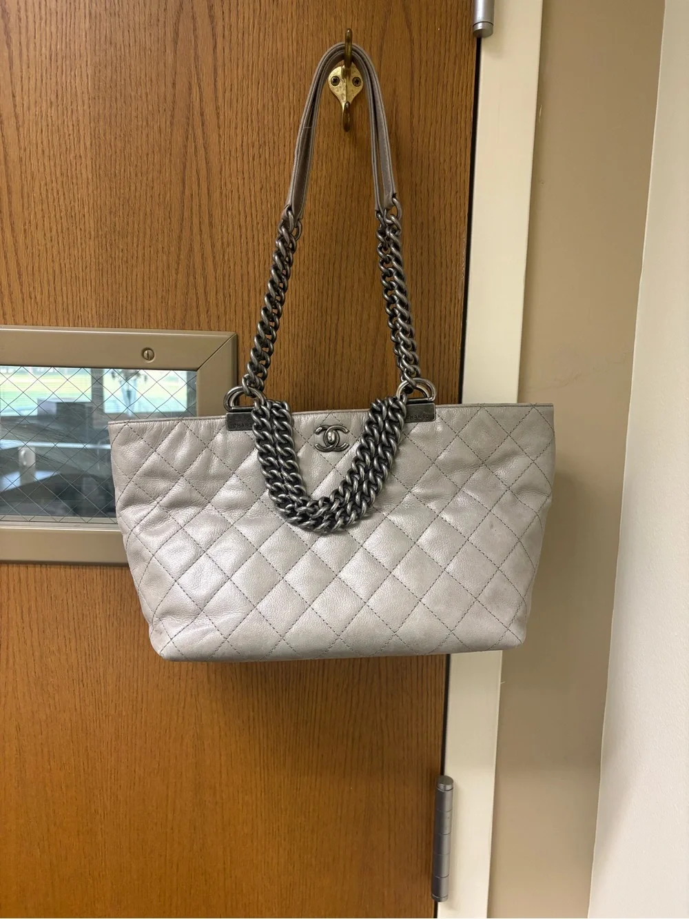 CHANEL Silver Quilted Leather Tote with CC Logo